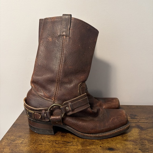 Frye Shoes - FRYE Brown Leather Belted Harness 12R Mid-Calf Boots, Square Toe Buckle, Sz 9M